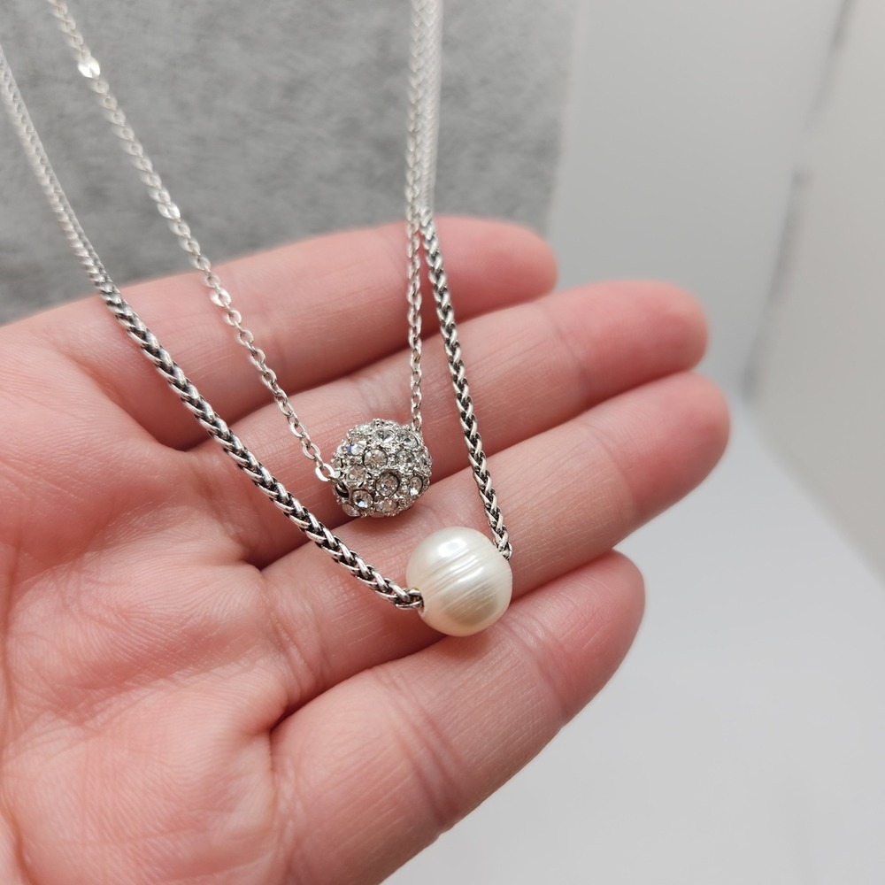 Dainty Freshwater Pearl & Pave Drop Necklace Silver Layered by J Jill Minimalist